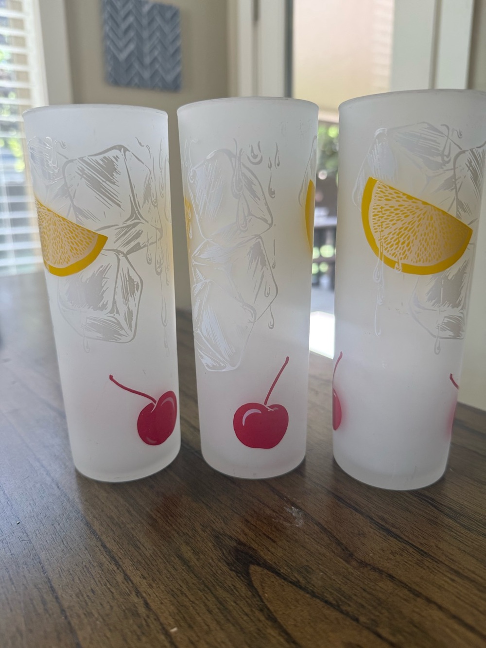3 Vintage Federal Glass Frosted Tom Collins Lemon and Cherry Coolers Slim MCM